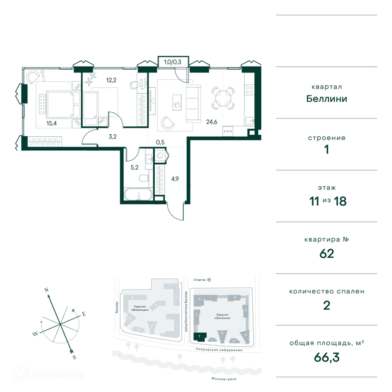 2-комнатная квартира 66 м² Клубный город на реке Примавера