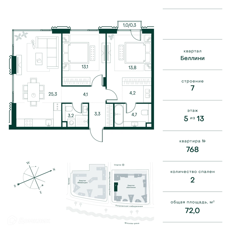 2-комнатная квартира 72 м² Клубный город на реке Примавера