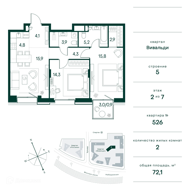 2-комнатная квартира 72 м² Клубный город на реке Примавера