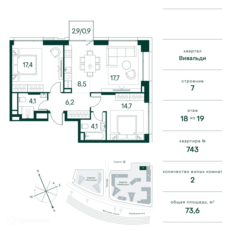 2-комнатная квартира 74 м² Клубный город на реке Примавера