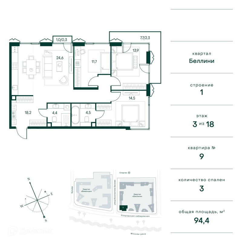 3-комнатная квартира 94 м² Клубный город на реке Примавера