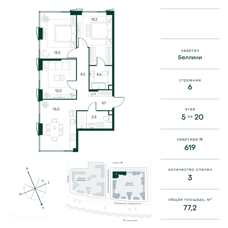 3-комнатная квартира 77 м² Клубный город на реке Примавера