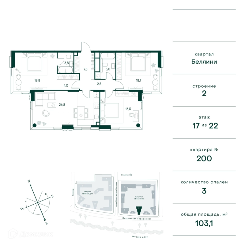 3-комнатная квартира 103 м² Клубный город на реке Примавера