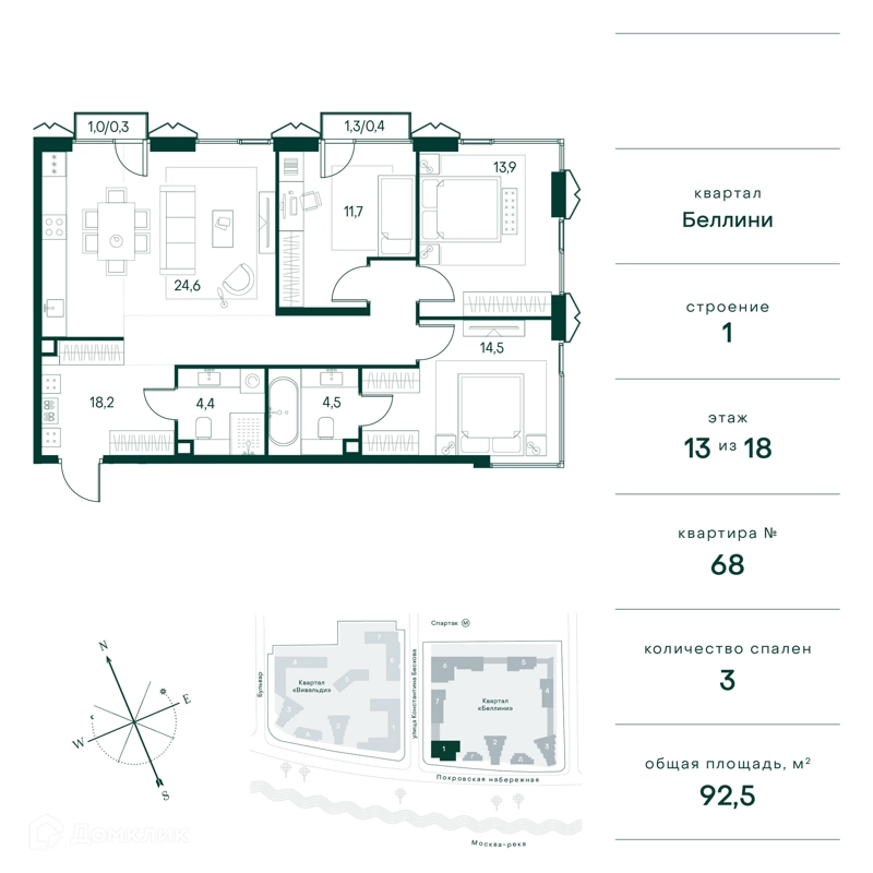 3-комнатная квартира 92 м² Клубный город на реке Примавера