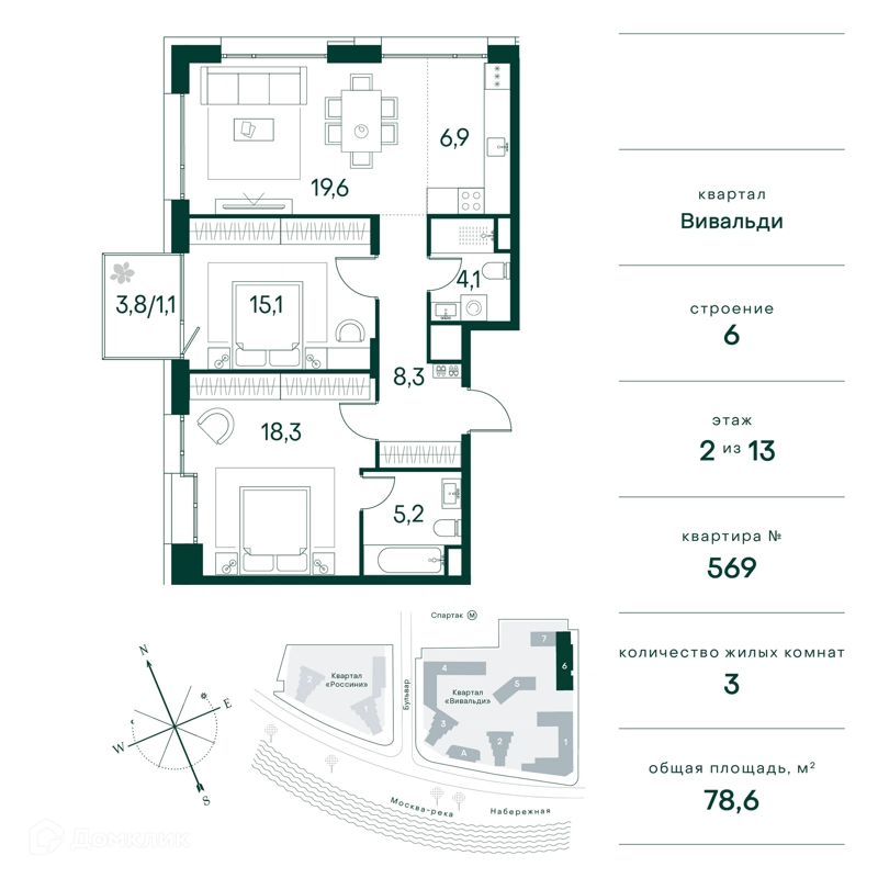 3-комнатная квартира 79 м² Клубный город на реке Примавера