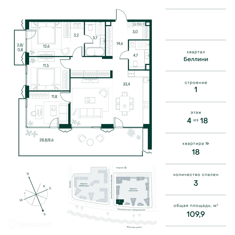 3-комнатная квартира 110 м² Клубный город на реке Примавера