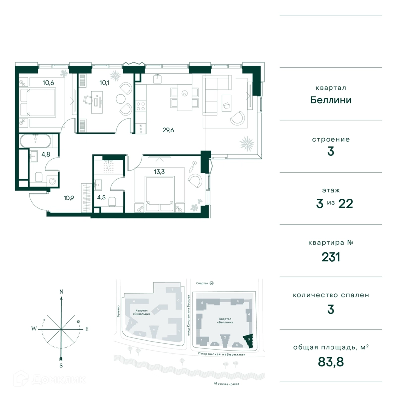 3-комнатная квартира 84 м² Клубный город на реке Примавера