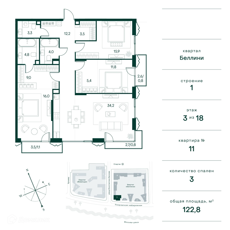 3-комнатная квартира 123 м² Клубный город на реке Примавера