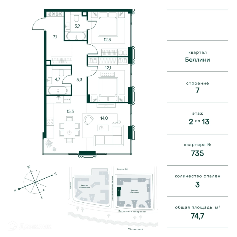 3-комнатная квартира 75 м² Клубный город на реке Примавера