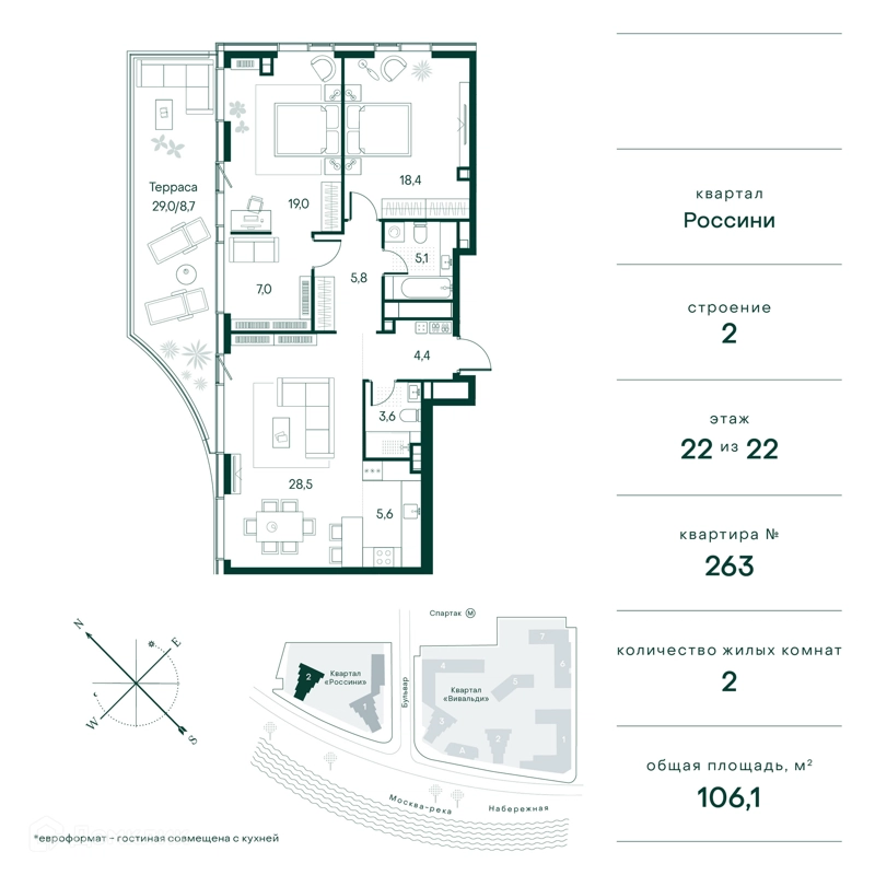 3-комнатная квартира 106 м² Клубный город на реке Примавера