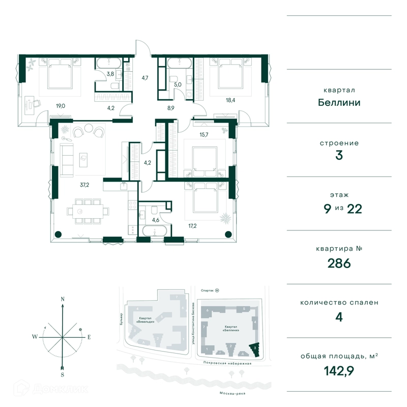 4-комнатная квартира 143 м² Клубный город на реке Примавера