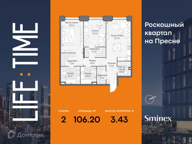 2-комнатная квартира 106.2 м² Квартал Life Time