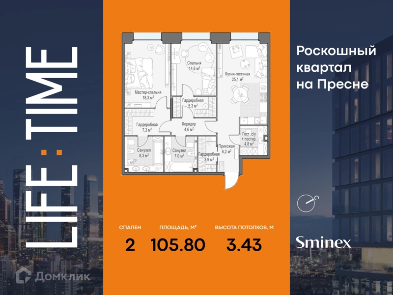 2-комнатная квартира 105.8 м² Квартал Life Time