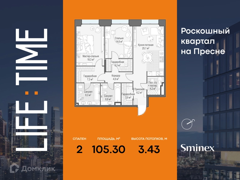 2-комнатная квартира 105.3 м² Квартал Life Time