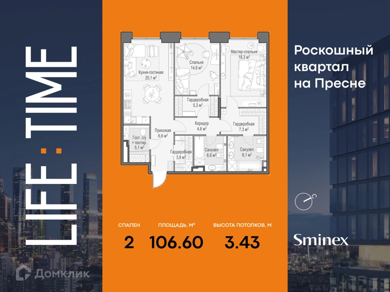 2-комнатная квартира 106.6 м² Квартал Life Time