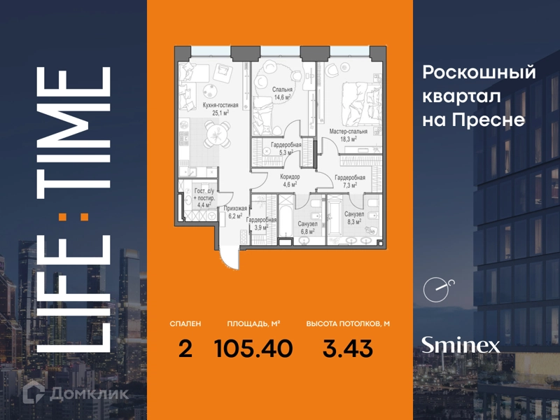 2-комнатная квартира 105.4 м² Квартал Life Time