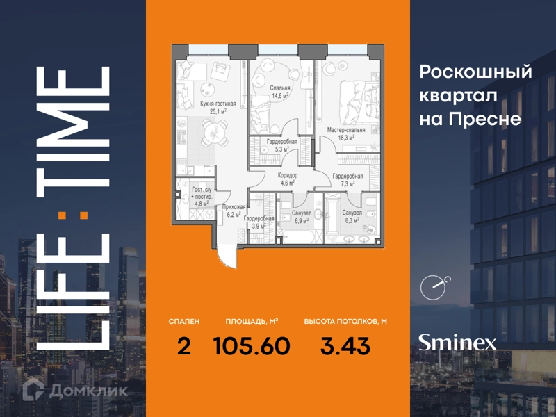 2-комнатная квартира 105.6 м² Квартал Life Time