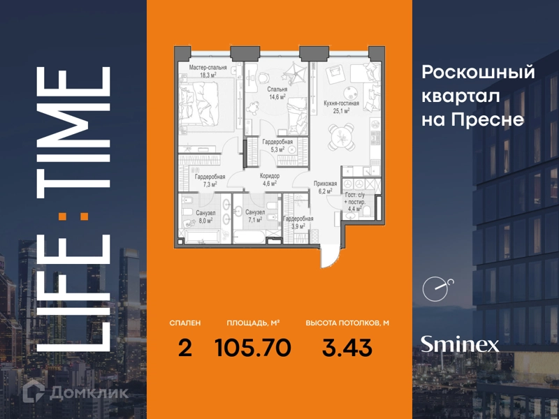 2-комнатная квартира 105.7 м² Квартал Life Time