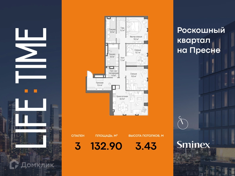 3-комнатная квартира 132.9 м² Квартал Life Time