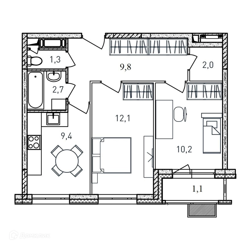 2-комнатная квартира 48.6 м² Квартал Светлый