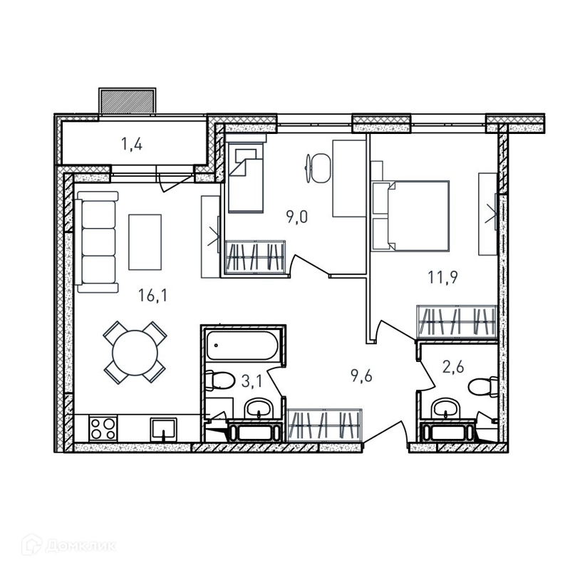 2-комнатная квартира 53.7 м² Квартал Светлый