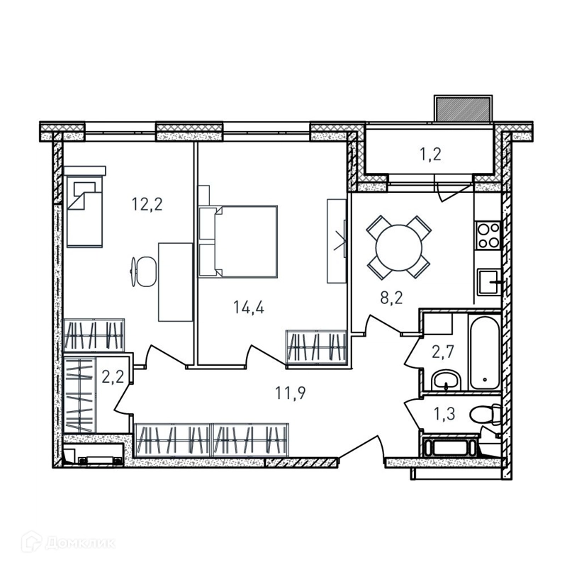 2-комнатная квартира 54.1 м² Квартал Светлый