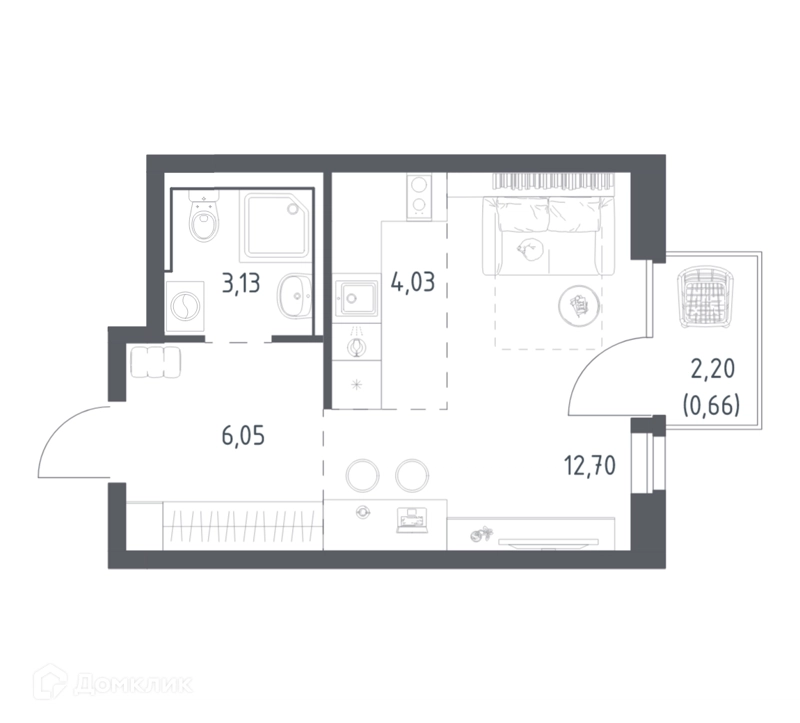 Студия 26.57 м² Квартал Авиаторов