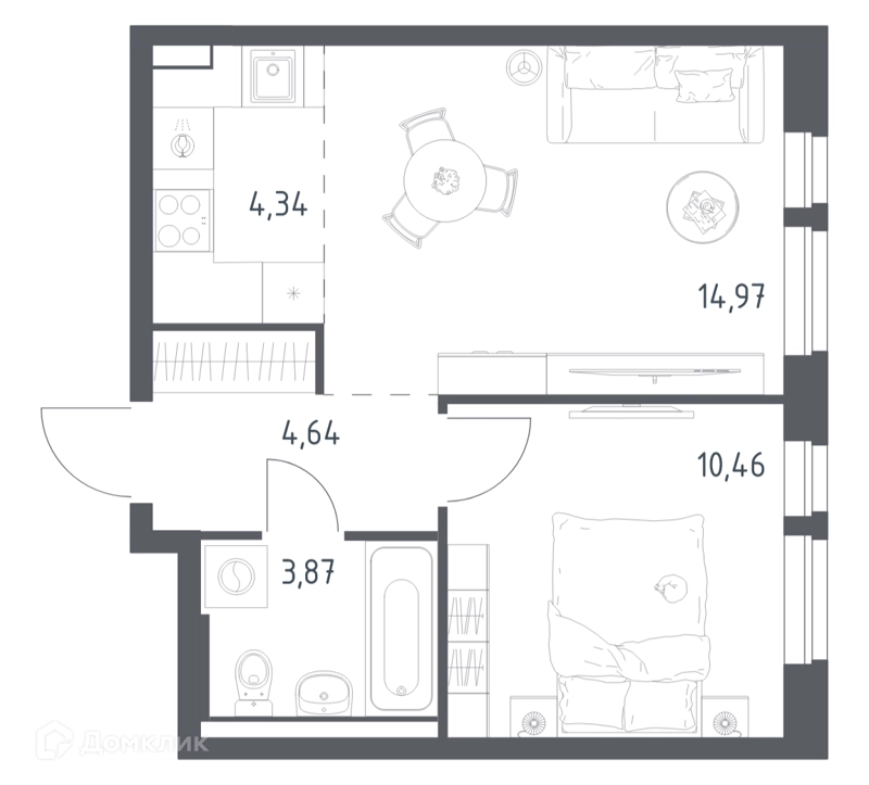 1-комнатная квартира 38.28 м² Квартал Авиаторов