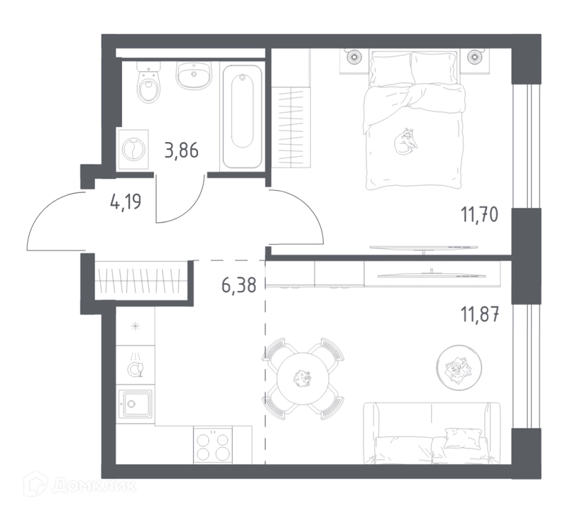1-комнатная квартира 38 м² Квартал Авиаторов