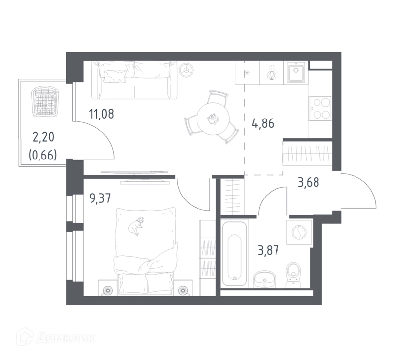 1-комнатная квартира 33.52 м² Квартал Авиаторов