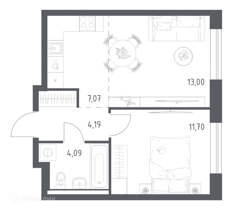 1-комнатная квартира 40.05 м² Квартал Авиаторов