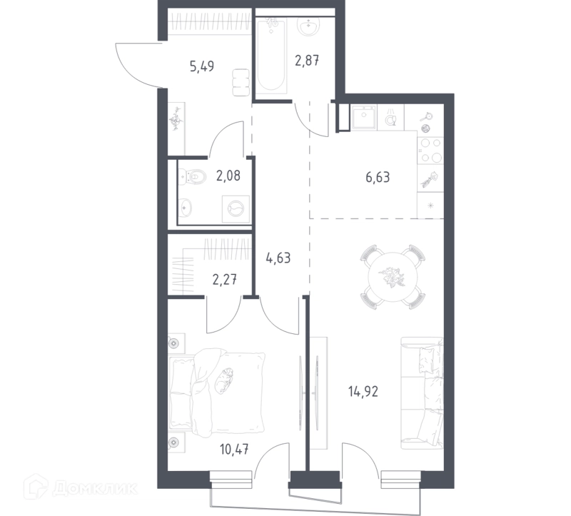 1-комнатная квартира 49 м² Квартал Авиаторов