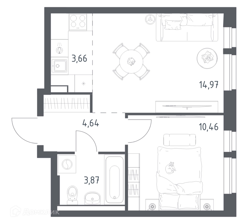 1-комнатная квартира 37.6 м² Квартал Авиаторов