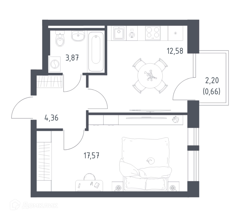 1-комнатная квартира 39.04 м² Квартал Авиаторов