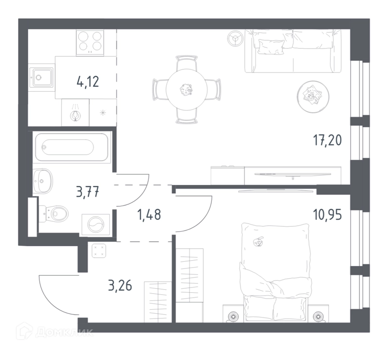 1-комнатная квартира 40.78 м² Квартал Авиаторов