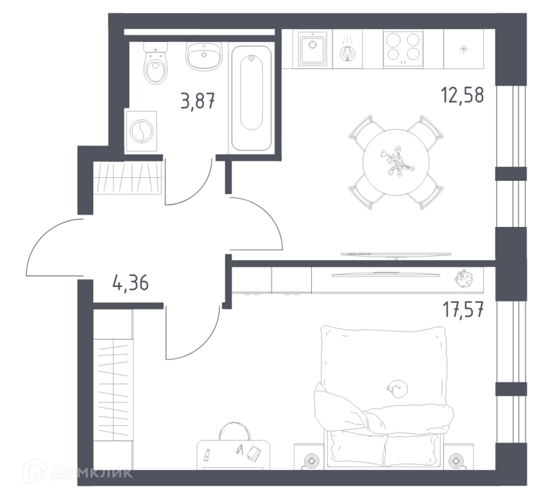 1-комнатная квартира 38.38 м² Квартал Авиаторов