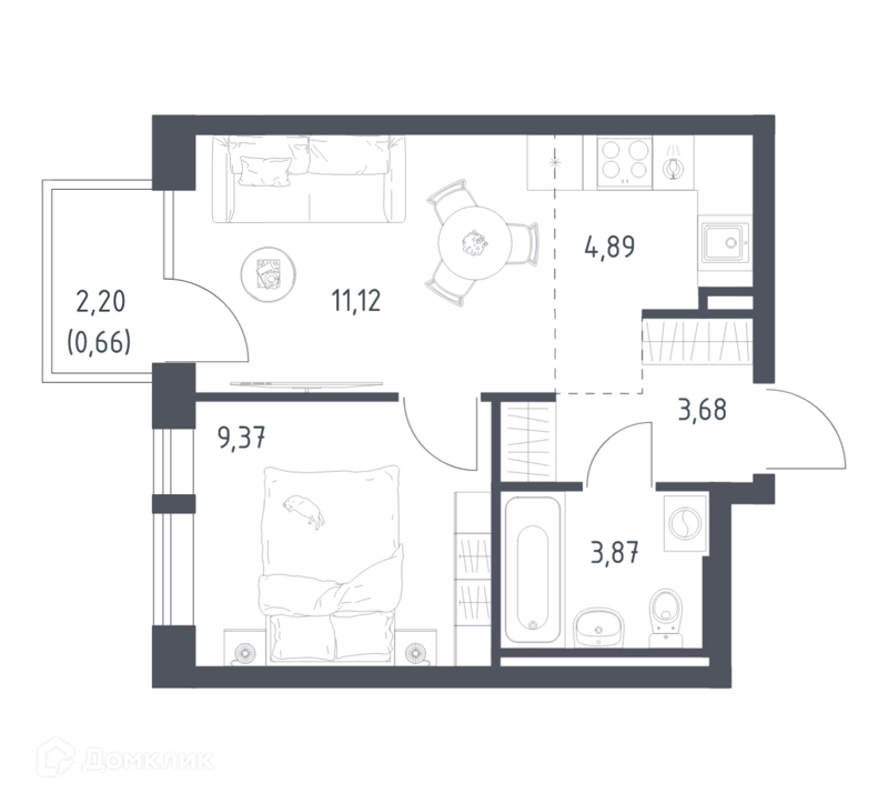 1-комнатная квартира 33.59 м² Квартал Авиаторов