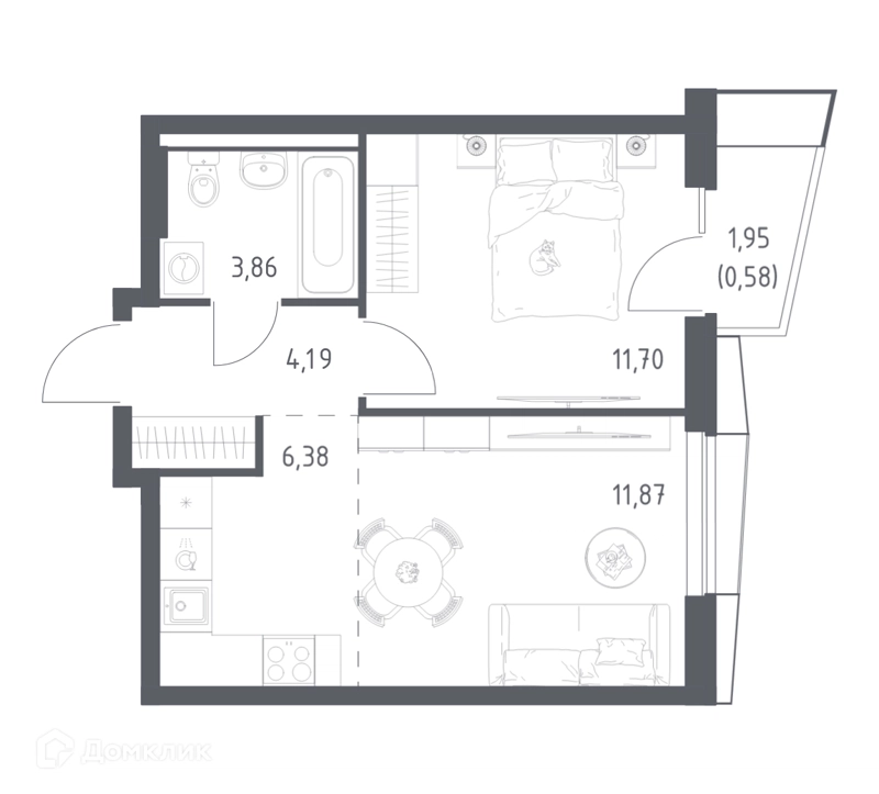 1-комнатная квартира 38.58 м² Квартал Авиаторов