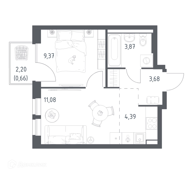 1-комнатная квартира 33.05 м² Квартал Авиаторов
