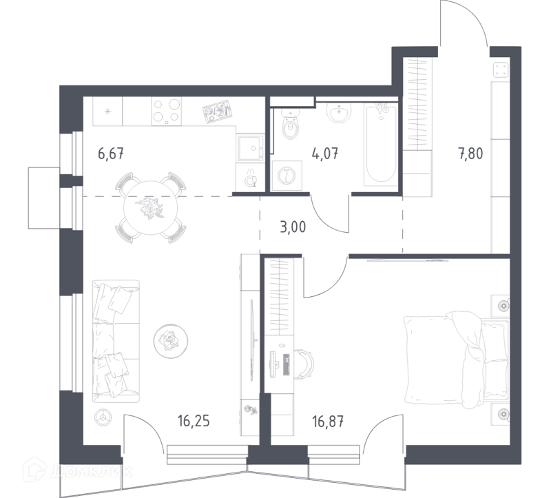 1-комнатная квартира 53.8 м² Квартал Авиаторов