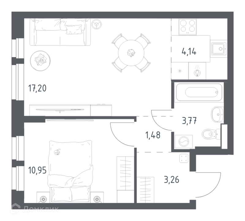 1-комнатная квартира 40.8 м² Квартал Авиаторов