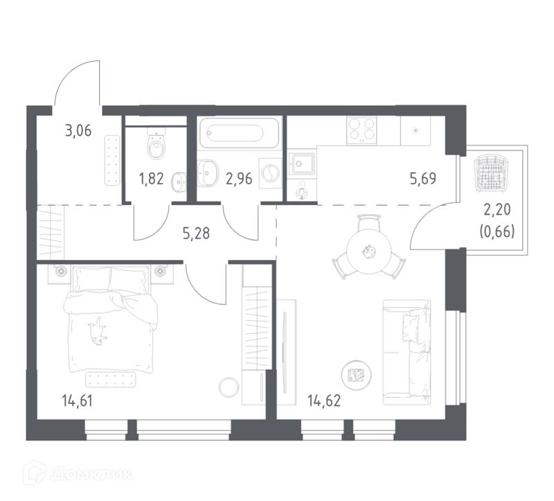 1-комнатная квартира 48.7 м² Квартал Авиаторов