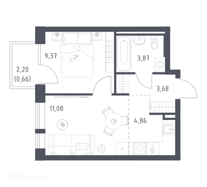1-комнатная квартира 33.52 м² Квартал Авиаторов