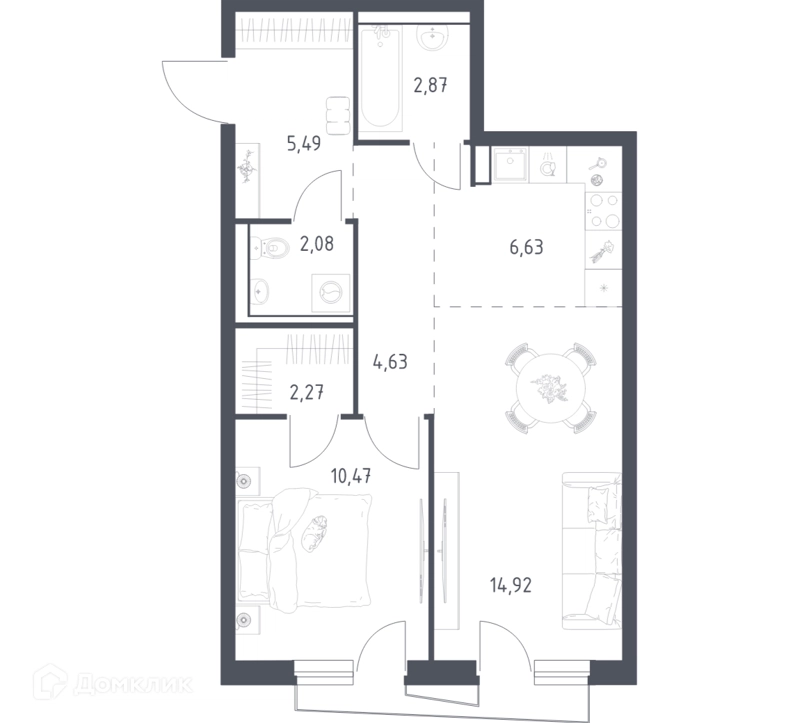 1-комнатная квартира 48.6 м² Квартал Авиаторов