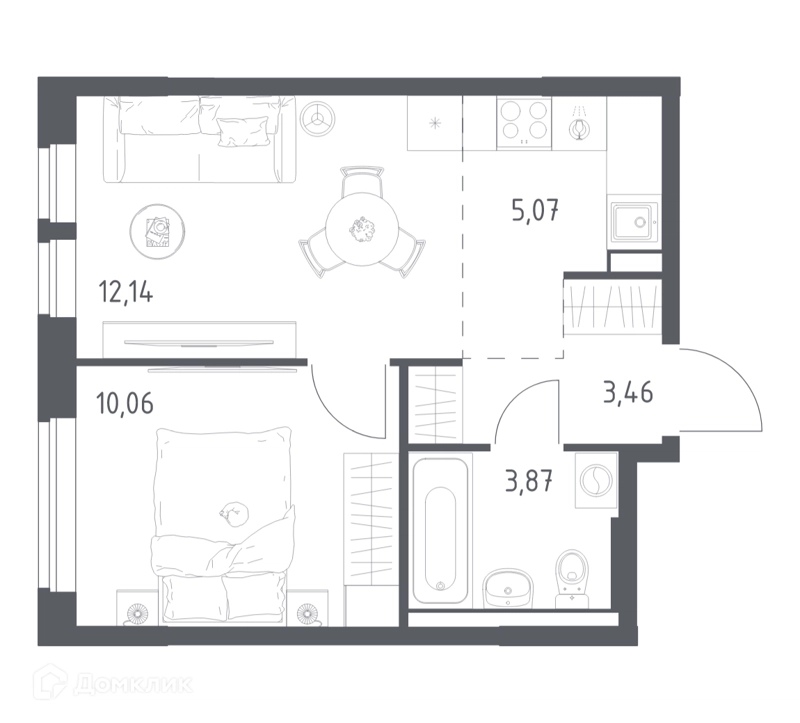 1-комнатная квартира 34.6 м² Квартал Авиаторов
