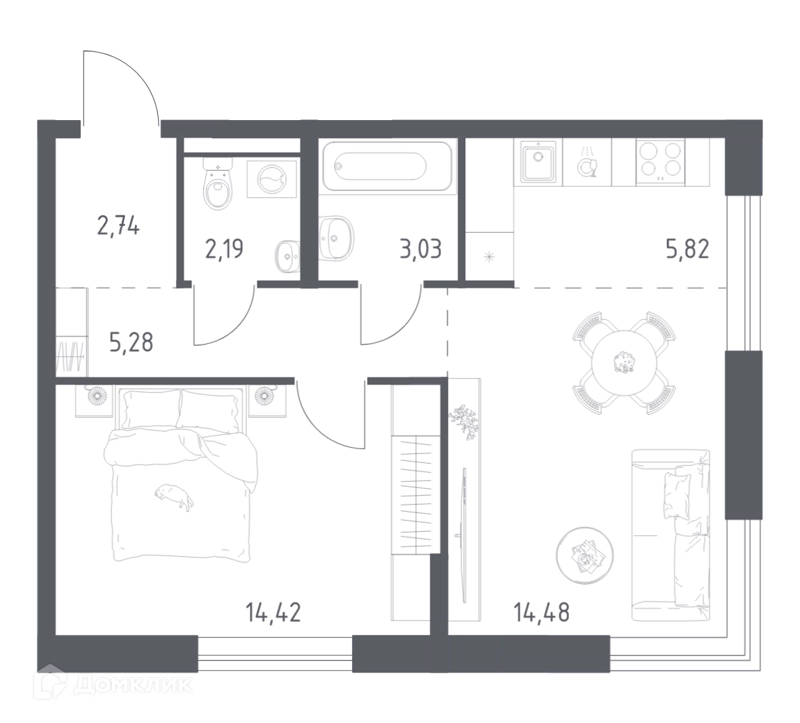 1-комнатная квартира 47.96 м² Квартал Авиаторов