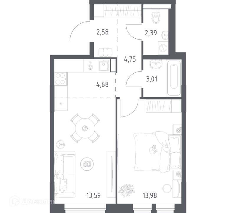 1-комнатная квартира 44.98 м² Квартал Авиаторов