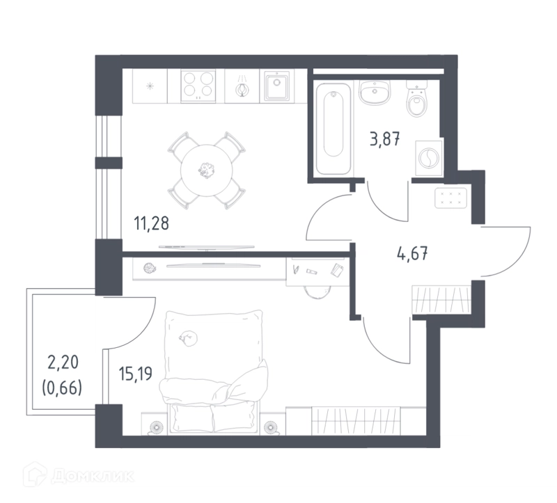 1-комнатная квартира 35.67 м² Квартал Авиаторов