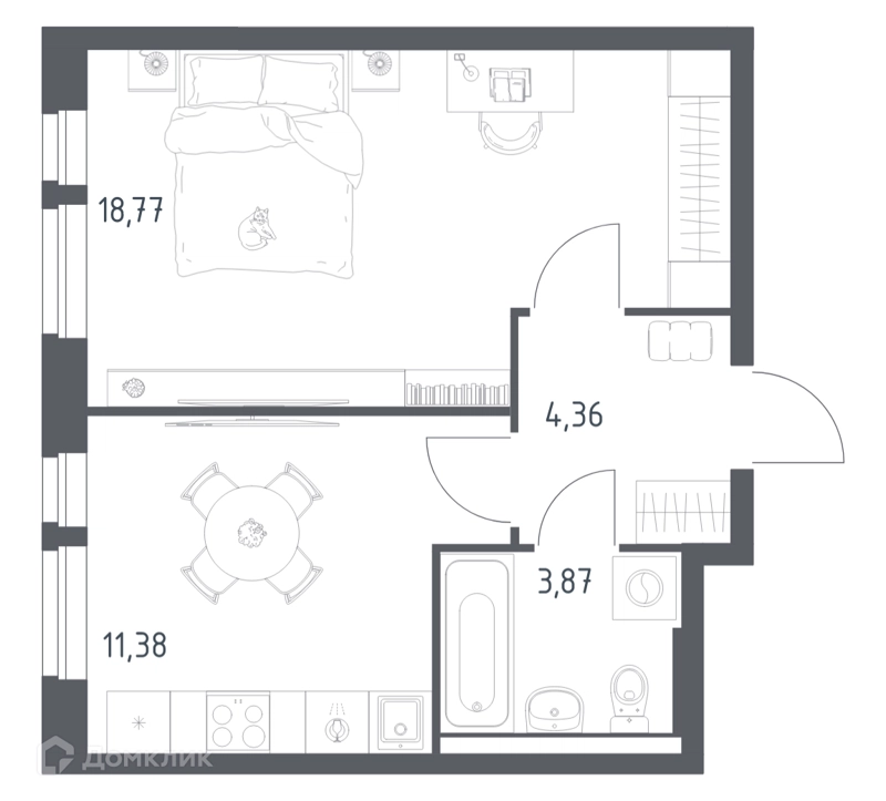 1-комнатная квартира 38.38 м² Квартал Авиаторов