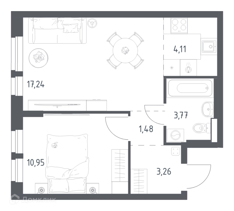 1-комнатная квартира 40.81 м² Квартал Авиаторов